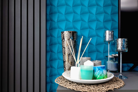A flat with blue walls decorated in a modern style suitable for a background.の写真素材