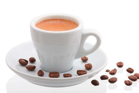 Coffee cup with beans, Isolated on white background の写真素材