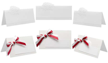 set card note with ribbon on white backgroundの写真素材