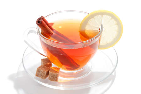 Glass cup of tea with white backgroundの写真素材