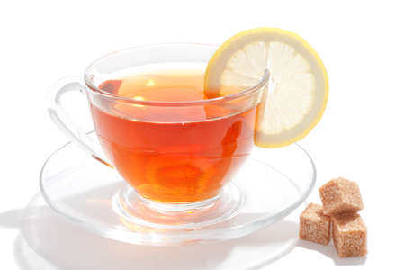 Glass cup of tea with white backgroundの写真素材