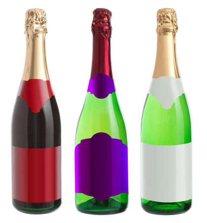 three bottles of champagne on a white backgroundの写真素材