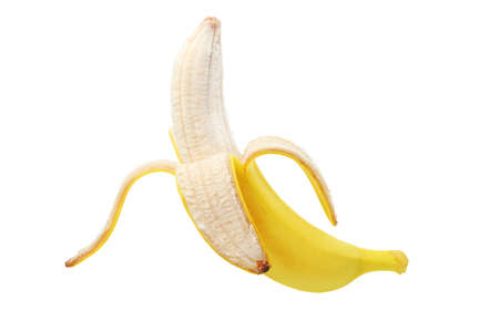 Open banana isolated on white backgroundの写真素材