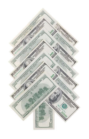 Fir tree made of dollars isolated on white backgroundの写真素材