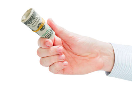 businessman holds his profit or wages isolated on white