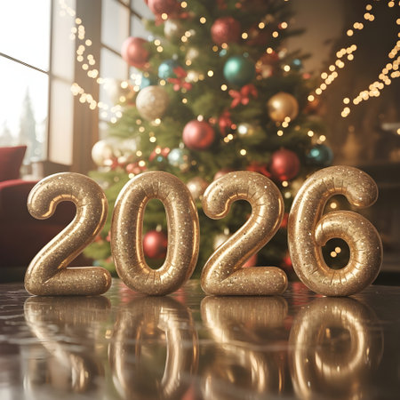 Golden 2026 balloons reflect on a shiny floor in front of a beautifully decorated christmas tree with warm lightsの素材