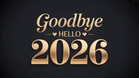 Elegant golden text saying goodbye 2026 and hello 2027 with a black background celebrating the new yearの素材