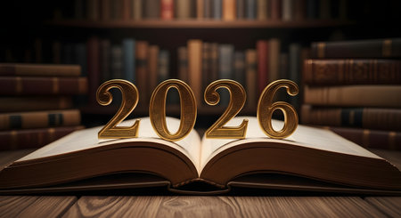 Golden 2026 numbers resting on an open book with a blurred library background symbolizing future knowledgeの素材