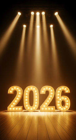 Illuminated marquee numbers displaying the year 2026 on a stage with dramatic spotlightsの素材
