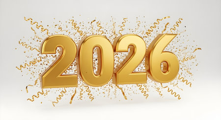 Golden 3d numbers of 2026 surrounded by sparkling confetti and streamers celebrating the new yearの素材