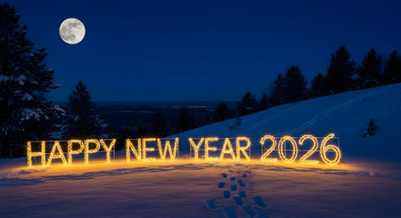 Glowing happy new year 2026 text illuminated by warm lights in a snowy winter landscape under a full moonの素材