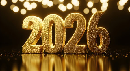 Golden 2026 numbers with sparkling bokeh lights in the background symbolizing a bright and prosperous new yearの素材