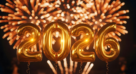 Golden 2026 balloons float against a backdrop of vibrant celebratory fireworks illuminating the night skyの素材