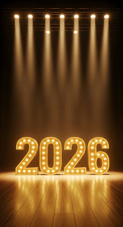 Illuminated marquee numbers spelling 2026 standing on a wooden stage under dramatic spotlight lightingの素材