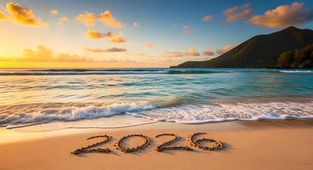Golden sunset illuminates a tropical beach with the year 2026 written in the sand as waves gently lap the shoreの素材