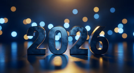 Illuminated 3d numbers representing the year 2026 with a bokeh background of warm lights and reflectionsの素材