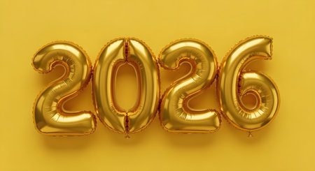 Shiny gold metallic balloons forming the number 2026 against a vibrant yellow background celebrating the upcoming new yearの素材