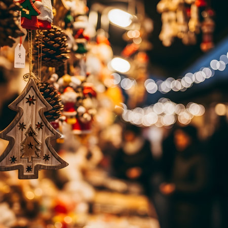 Rustic wooden christmas tree ornament, featuring a star and small trees, hangs at a festive market with blurred holiday lightsの素材