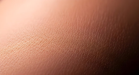 Detailed macro shot of human skin texture, revealing intricate patterns of pores and fine lines under soft, warm, goldenbrown lightingの素材