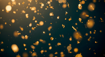 Golden confetti and sparkling bokeh lights falling against a dark background, creating a festive and celebratory atmosphere for eventsの素材