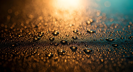 Closeup of glistening water droplets on a dark, textured surface, illuminated by a warm, golden light creating a beautiful bokeh effectの素材