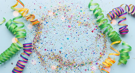 Colorful confetti and vibrant party streamers scattered on a light blue background, creating a festive and celebratory atmosphere for eventsの素材