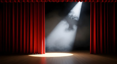A dramatic spotlight illuminates a smoky wooden stage floor between rich red velvet curtains, setting the scene for a theatrical performanceの素材