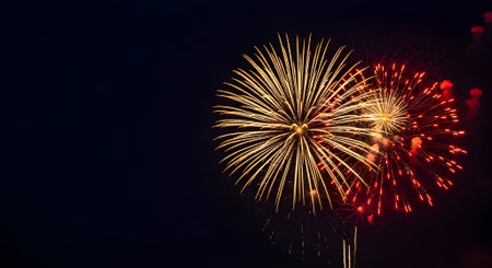 Spectacular golden and red fireworks illuminate the dark night sky, celebrating festive occasions and special events with vibrant explosionsの素材