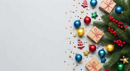Christmas tree branch with vibrant ornaments, wrapped gift boxes, and festive confetti scattered on a light grey background, top view with copy spaceの素材