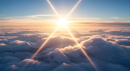 Radiant sunrise illuminates majestic snowcapped mountains peeking through a vast sea of clouds, creating a breathtaking aerial landscapeの素材