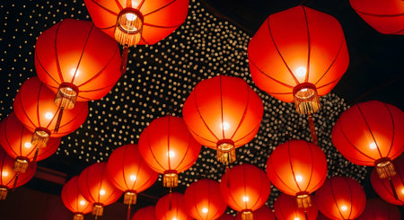 Vibrant red chinese lanterns glowing brightly against a dark, festive background, celebrating cultural traditions and holiday cheerの素材