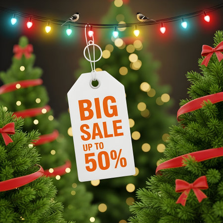 Big sale up to 50% discount tag with colorful christmas lights and blurred decorated trees, for holiday shoppingの素材