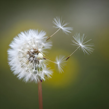 Closeup macro shot of a dandelion seed head dispersing its parachute seeds into the air against a soft, blurred green and yellow background, symbolizing wishes and new beginningsの素材