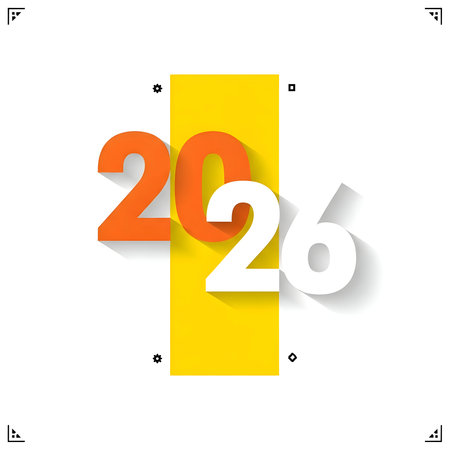 Creative graphic design featuring the year 2026 with orange and white numbers layered over a bright yellow vertical rectangle, symbolizing a new year celebration or countdown, isolated on white backgroundの素材