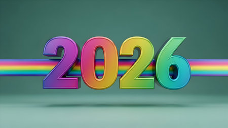 Colorful 3d rendering of the year 2026 in vibrant gradient colors with a rainbow light streak passing horizontally behind the numbers against a muted teal background, symbolizing future conceptの素材