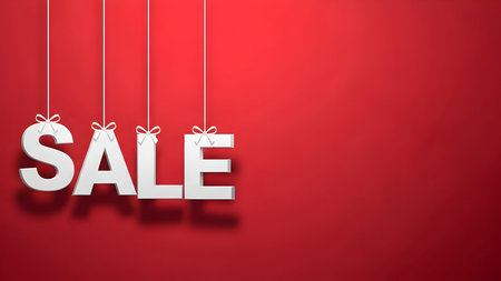 White 3d letters spelling the word sale hanging by white ribbons against a vibrant red background, perfect for holiday or seasonal promotion advertising copy spaceの素材