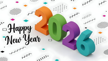 Cheerful 3d rendering of 2026 with a happy new year message, isolated on white background, perfect for festive greetings and holiday celebrationsの素材