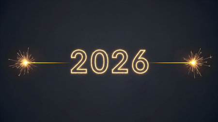 The year 2026 is depicted with a glowing, golden light effect, flanked by two sparkling bursts, set against a dark background, symbolizing a bright and festive new yearの素材