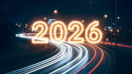The year 2026 glows brightly over a highway at night, with streaks of light from passing cars illuminating the road and the city lights twinkling in the distanceの素材