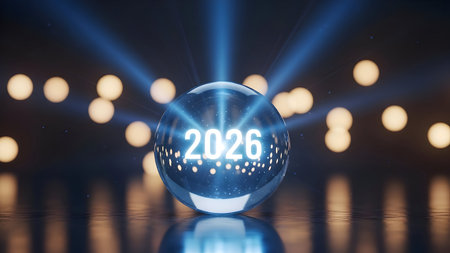 Futuristic glowing crystal ball displaying the year 2026 with bright blue light beams shining upwards against a dark background with bokeh effect lightsの素材