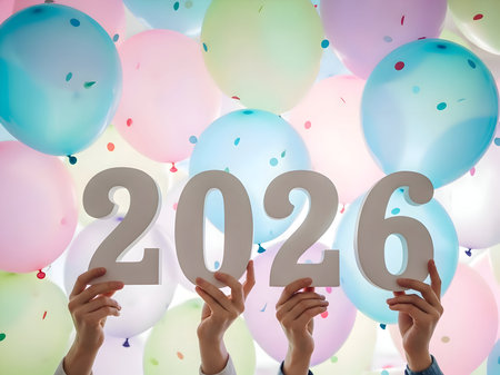 Holding the numbers 2026 in front of colorful balloons, anticipating the new year with joy and excitement, symbolizing fresh starts and future celebrationsの素材