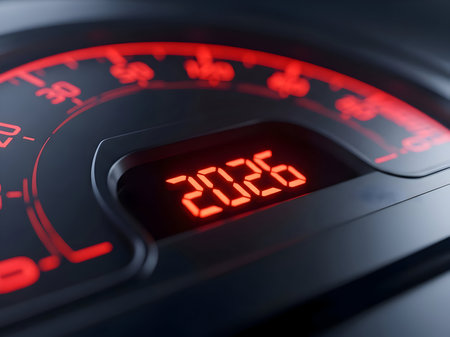 Closeup of a modern car dashboard speedometer gauge displaying the illuminated digital number 2026 in bright red, symbolizing the future year or a specific dateの素材