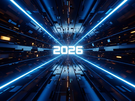 Futuristic digital tunnel with glowing blue neon light streaks converging towards the center displaying the year 2026, representing technology and future progress in a dark, abstract cyberspace environmentの素材