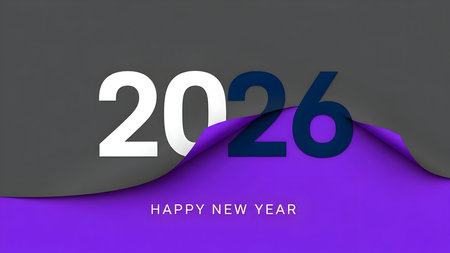 Modern graphic design featuring the year 2026 in bold typography with a vibrant purple wave element and the text happy new year against a dark gray background, symbolizing the upcoming celebration and transitionの素材