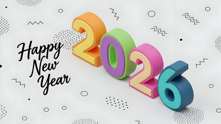 Cheerful 3d rendering of the year 2026 with a playful design, featuring vibrant colors and a festive happy new year greeting, isolated on white backgroundの素材