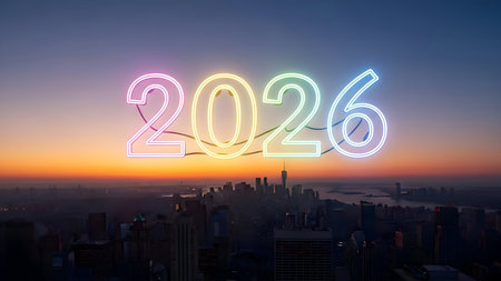 A vibrant neon sign illuminates the cityscape at sunset, heralding the arrival of the year 2026 with a burst of color and anticipation for the futureの素材