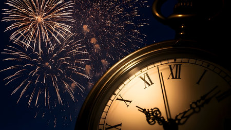 Closeup of an antique clock striking midnight with fireworks exploding in the night sky, symbolizing the anticipation and excitement of the new year celebrationの素材