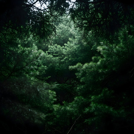 Dark forest with green trees and foggy sky. Abstract nature backgroundの素材
