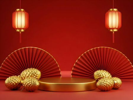 A captivating chinese new year display featuring a golden podium, traditional fans, and glowing lanterns against a vibrant red backdrop, creating a festive sceneの素材