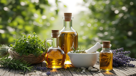 Natural herbal oils, fresh aromatic plants, and traditional mortar and pestle on wooden table outdoors for organic wellness and aromatherapyの素材